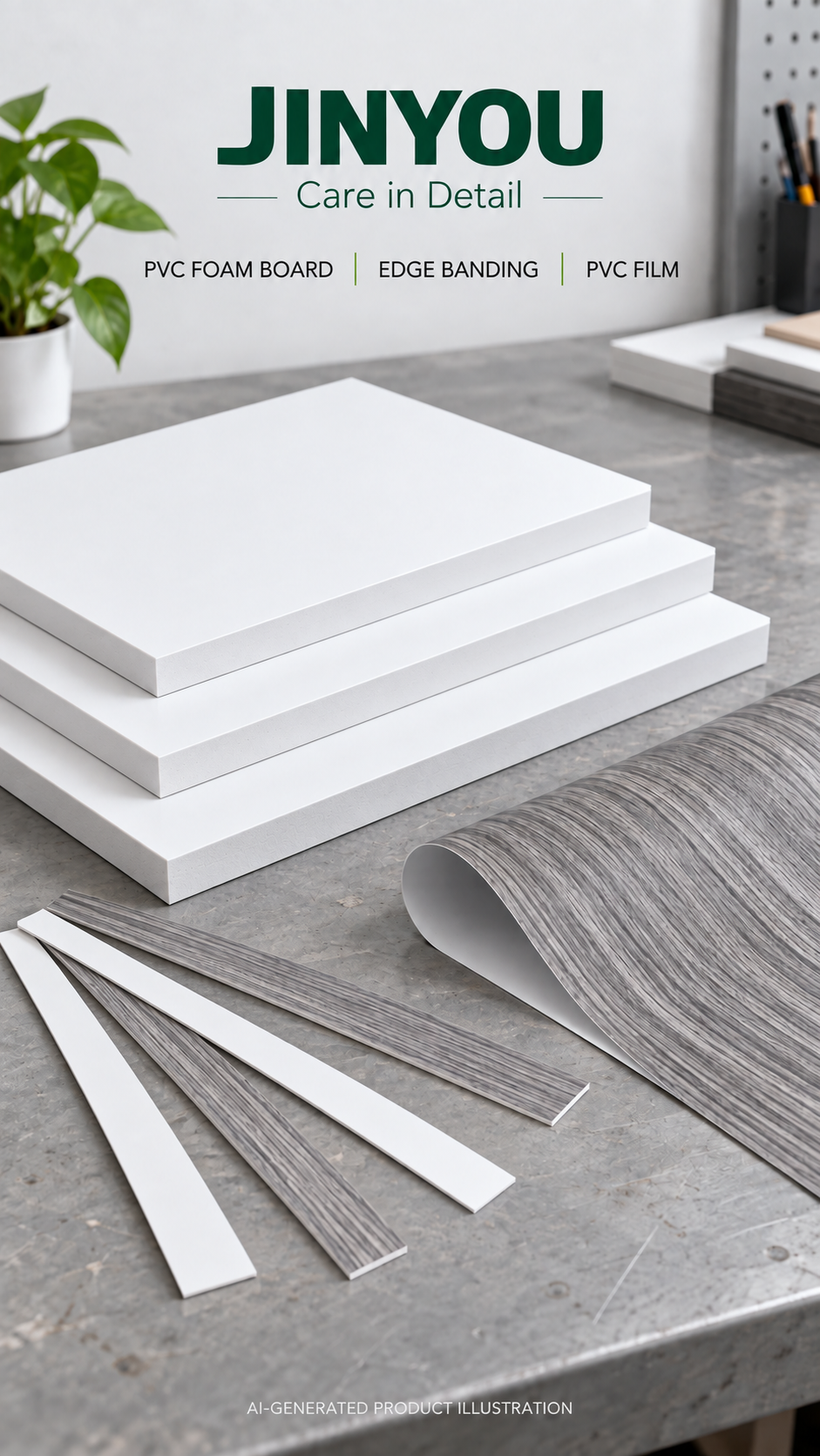 AI-generated illustration of white PVC foam board samples, thin edge-banding samples and decorative PVC film on a material sample table