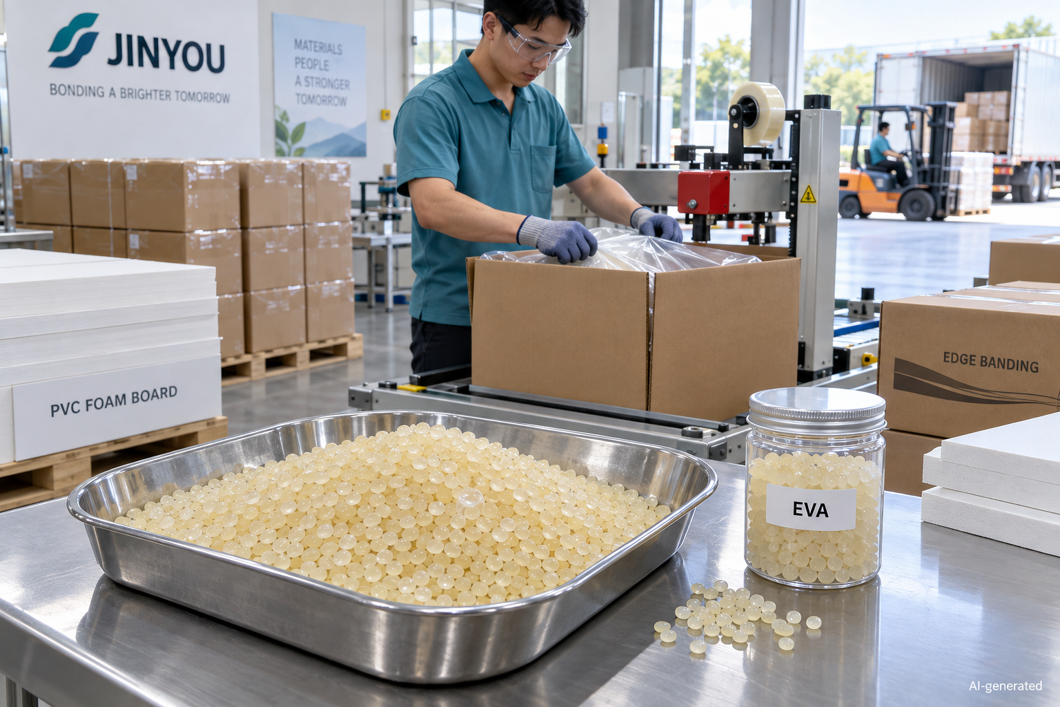 AI illustration of EVA hot melt adhesive pellets and liner-bag carton packing at a mixed-material dispatch area