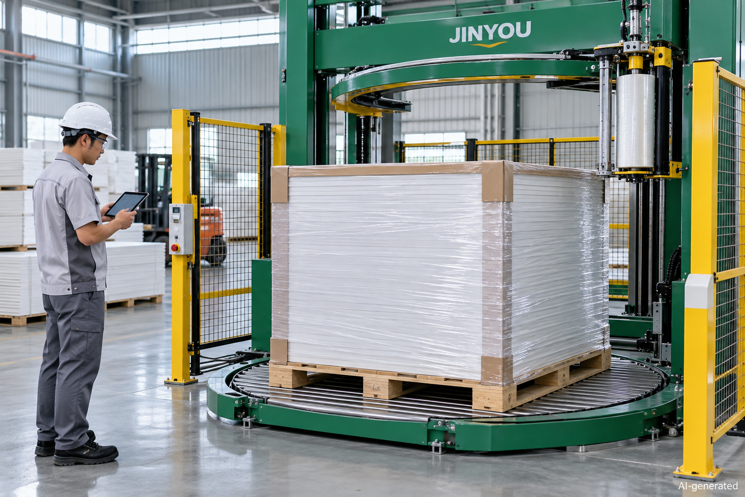 AI illustration of a supported PVC foam-board pallet at a stopped stretch-wrapping station