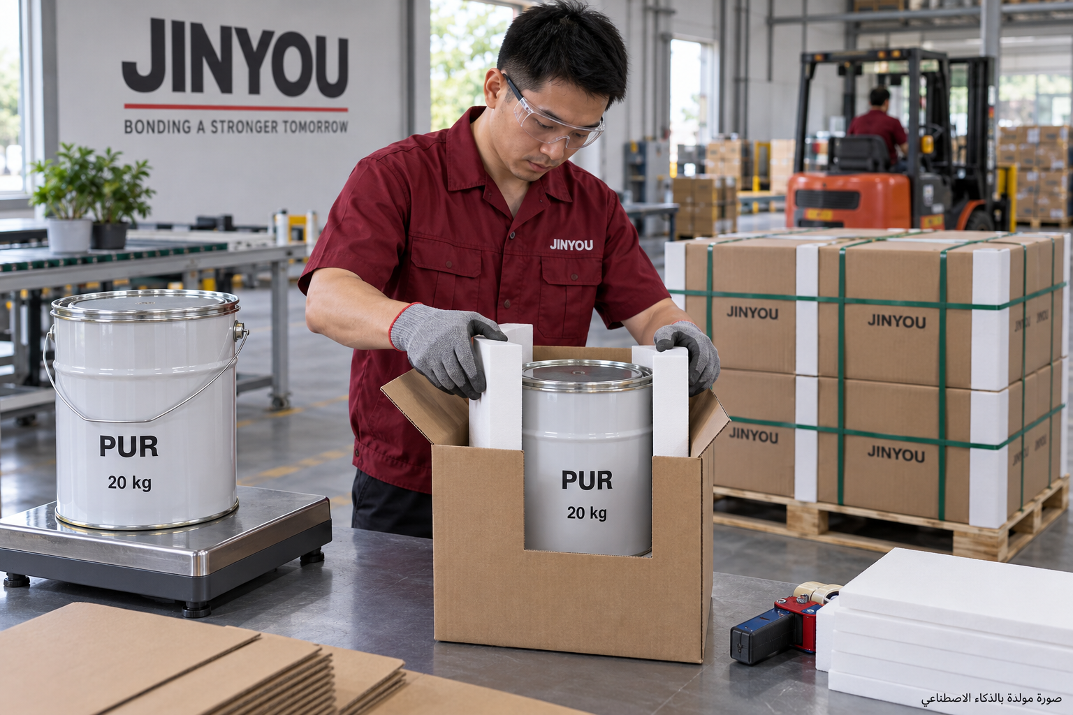 AI illustration of small sealed 20 kg PUR metal pails at a carton packing and weighing bench