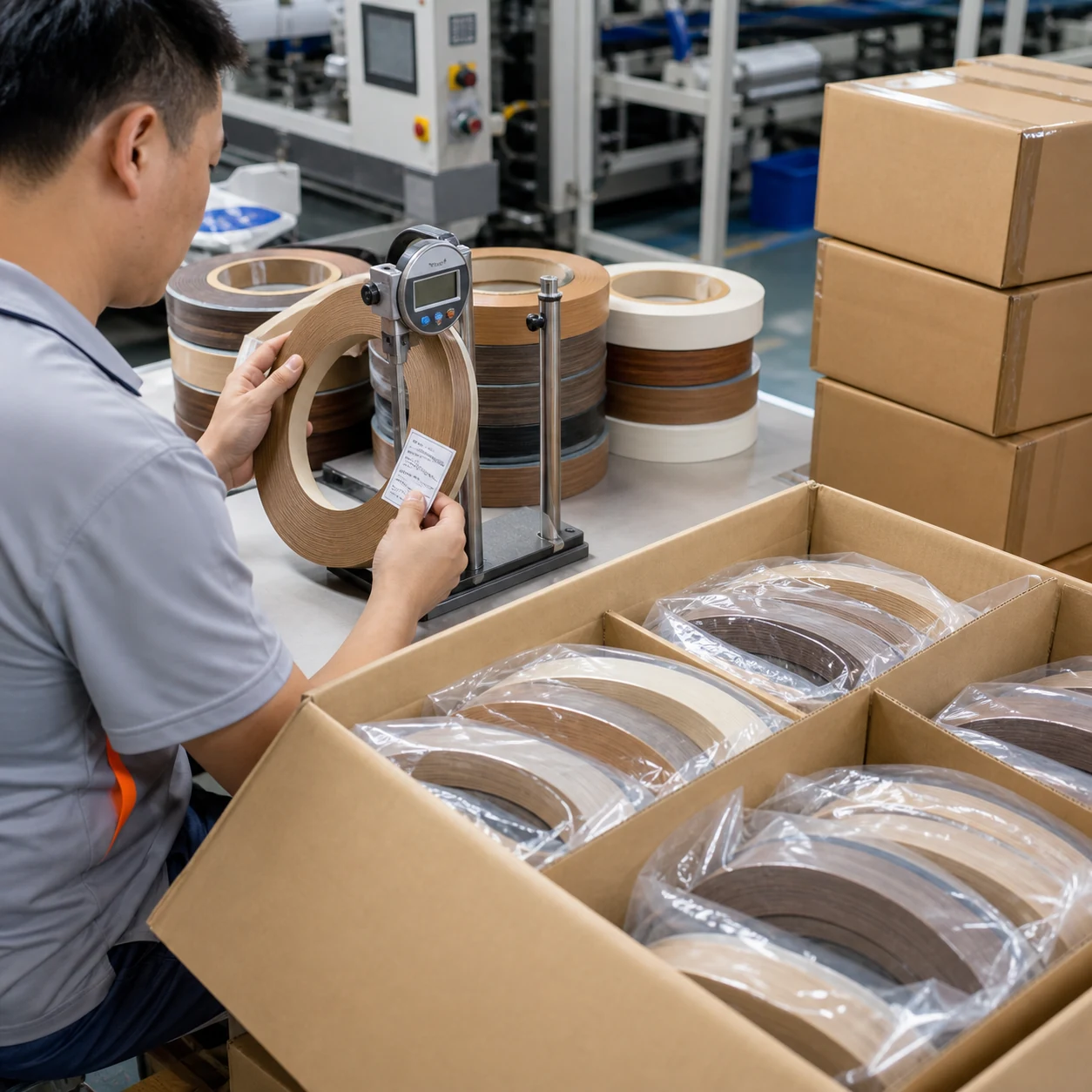 AI-generated worker measuring melamine paper edge-banding rolls before bagging and carton packing