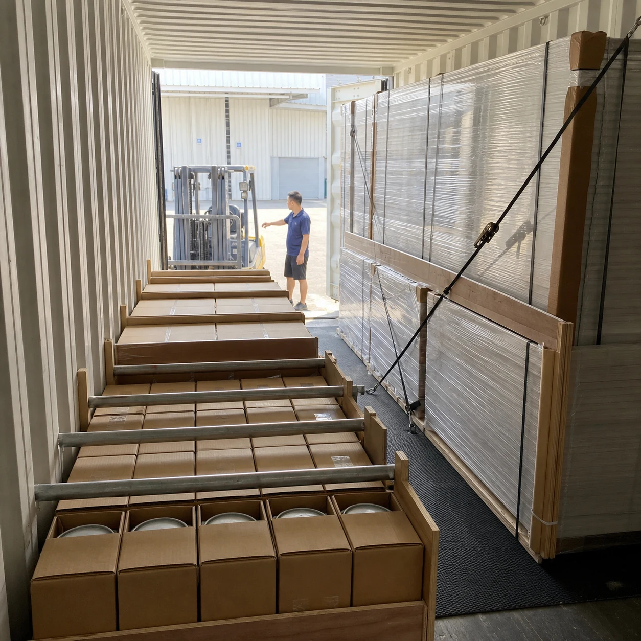 AI-generated protected container loading with PVC foam-board pallets, sealed edge-band cartons and small PUR pail cartons