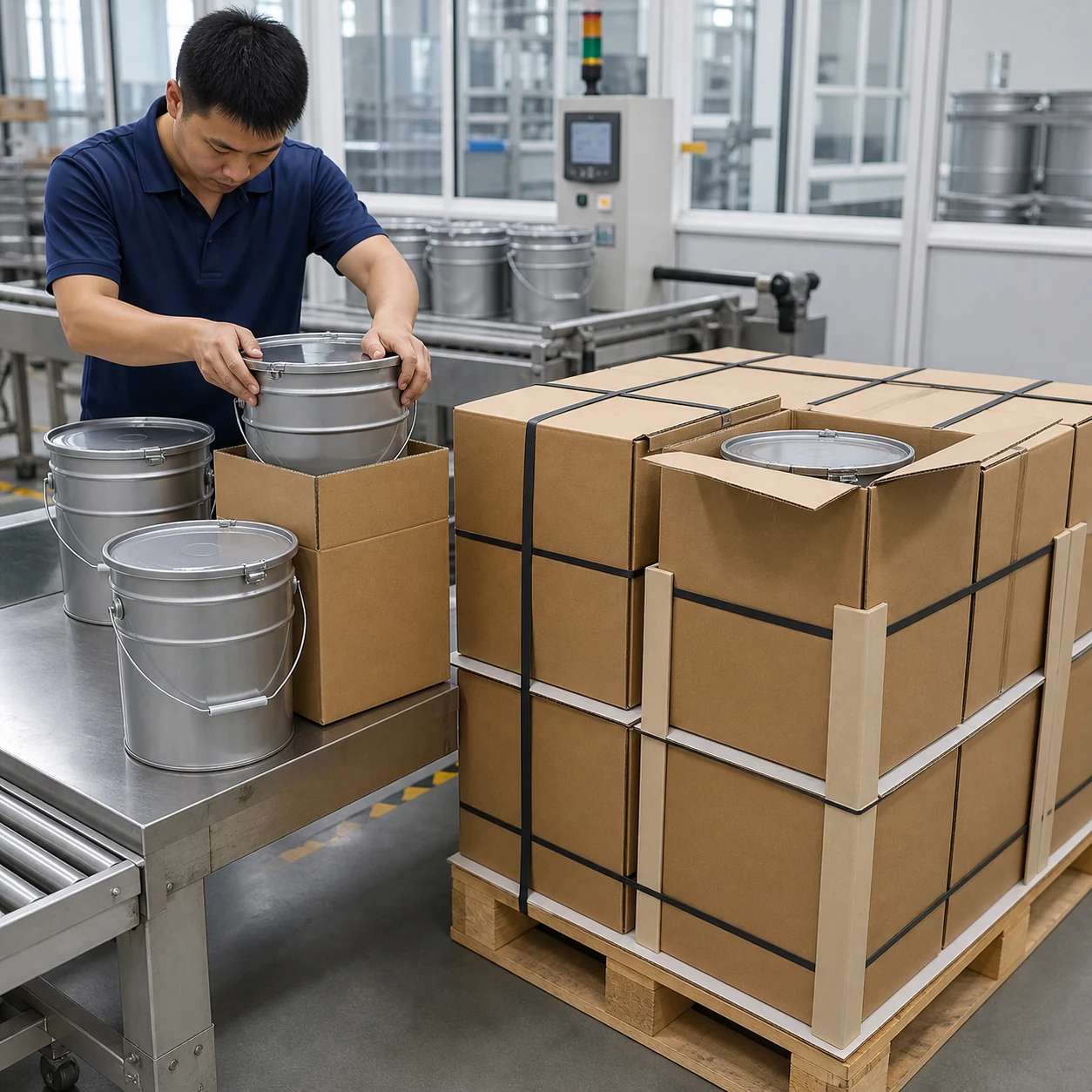 AI-generated small 20 kg PUR metal pails placed in fitted cartons and secured on an export pallet