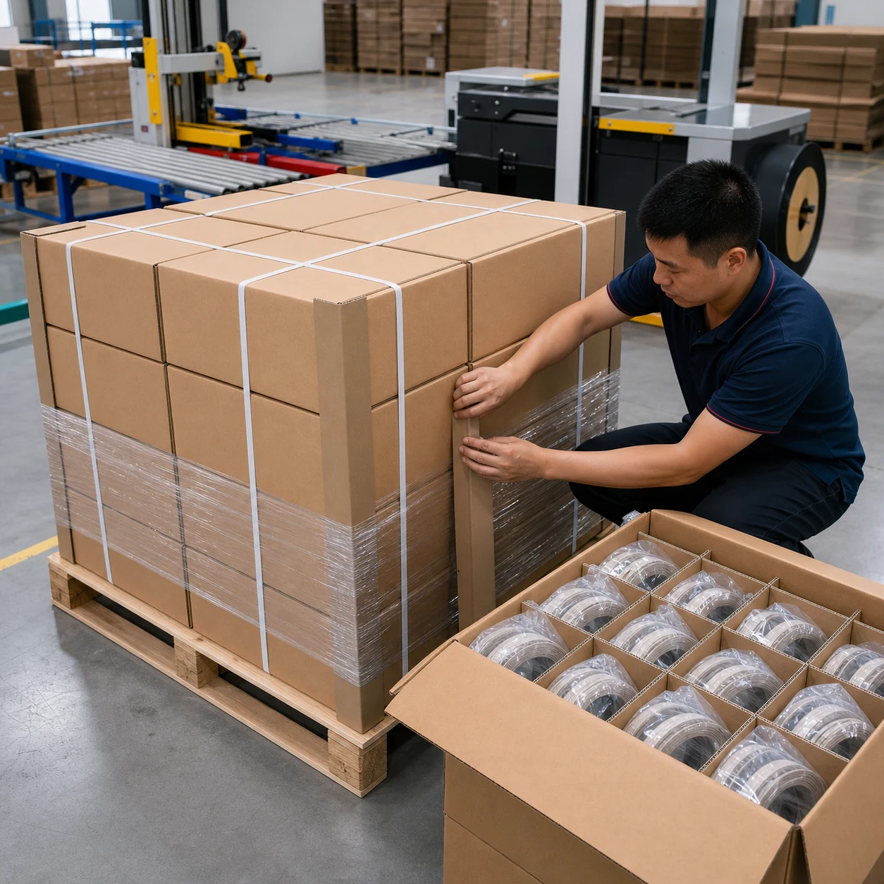 AI-generated PVC edge-banding export packing with bagged coils in partitioned cartons and a strapped pallet