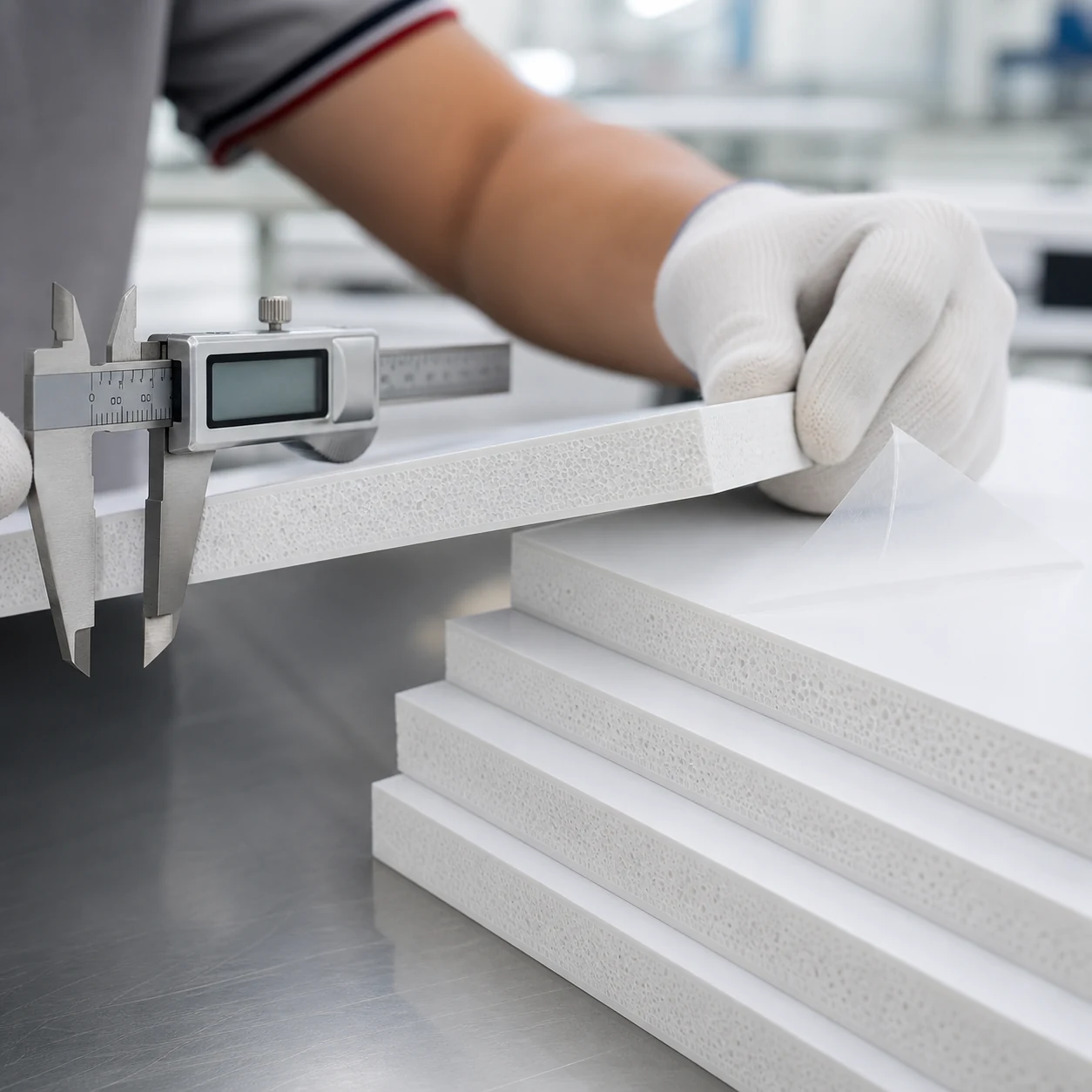 AI-generated close-up of PVC foam-board thickness measurement, clean cut edges and protective film