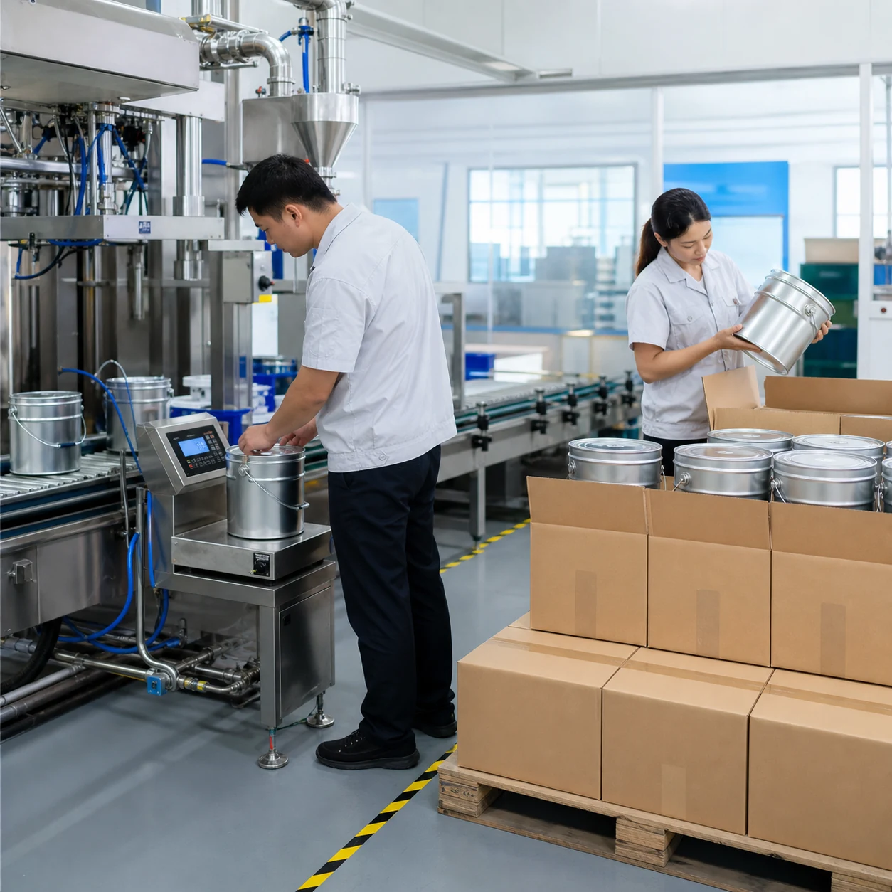 AI-generated PUR hot melt adhesive filling line with small 20 kg metal pails and weight inspection