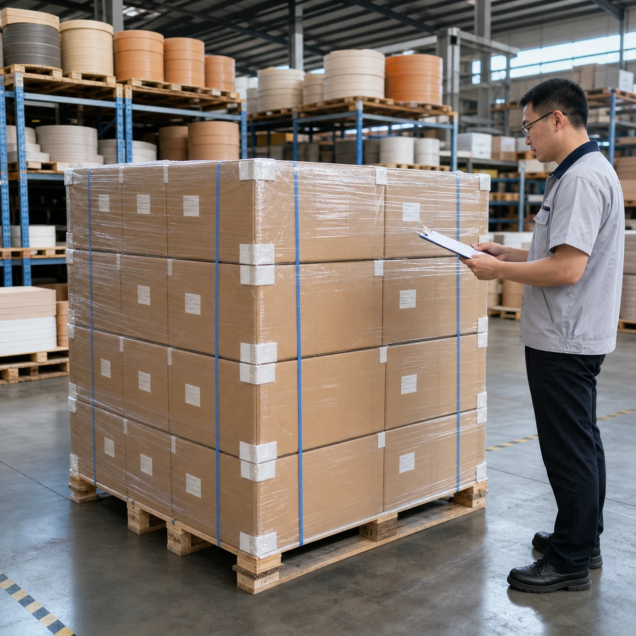 AI-generated PVC edge banding coils bagged inside sealed cartons on a strapped export pallet
