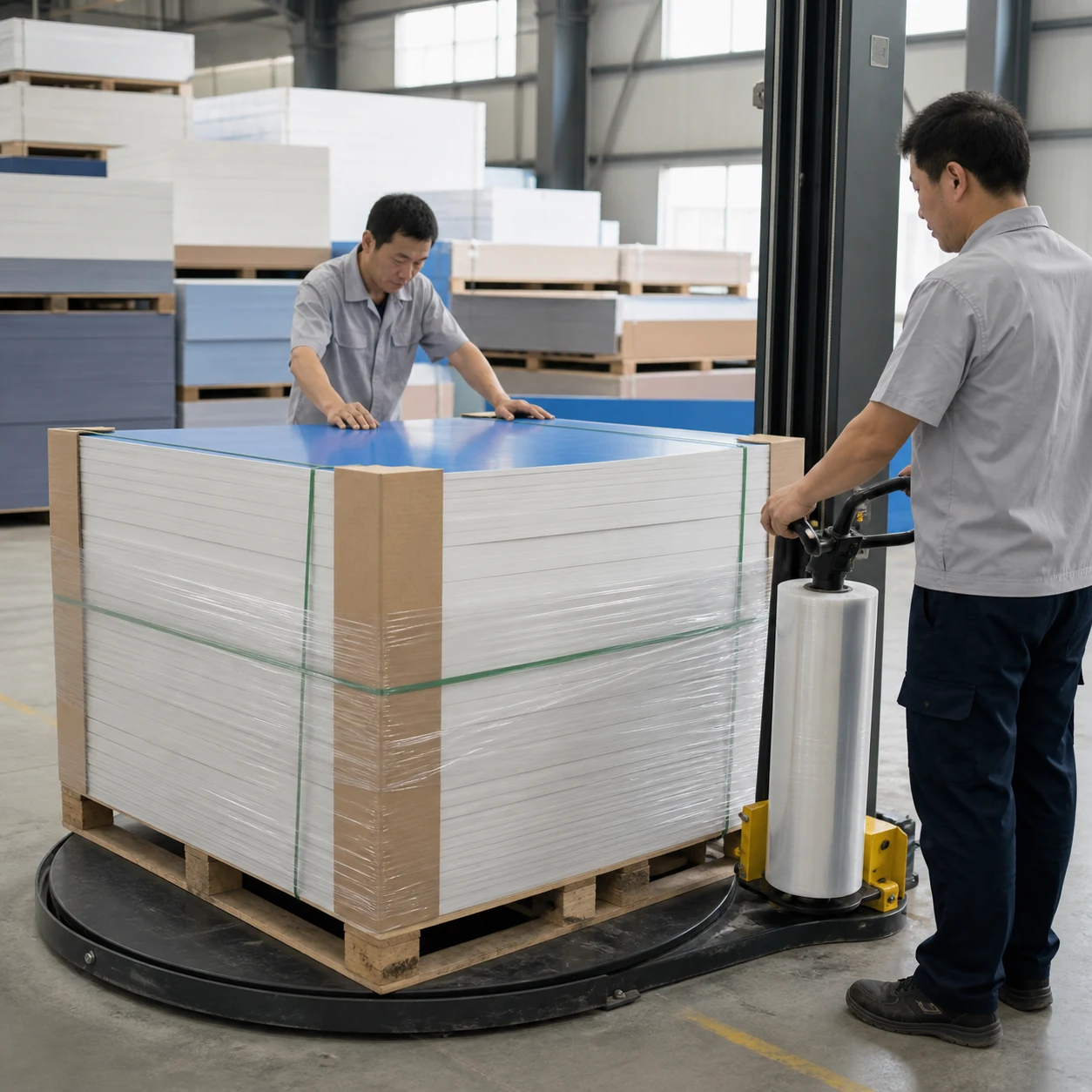 AI-generated PVC foam board sheets aligned with corner protection and stretch wrap on an export pallet