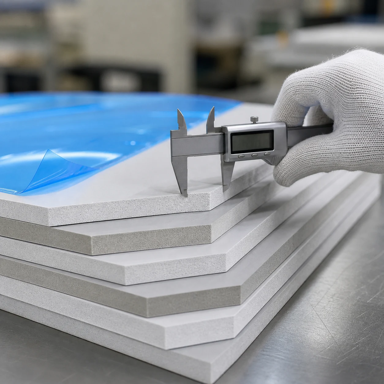 AI-generated close-up QC inspection of PVC foam board thickness, clean edges and stacked sheets