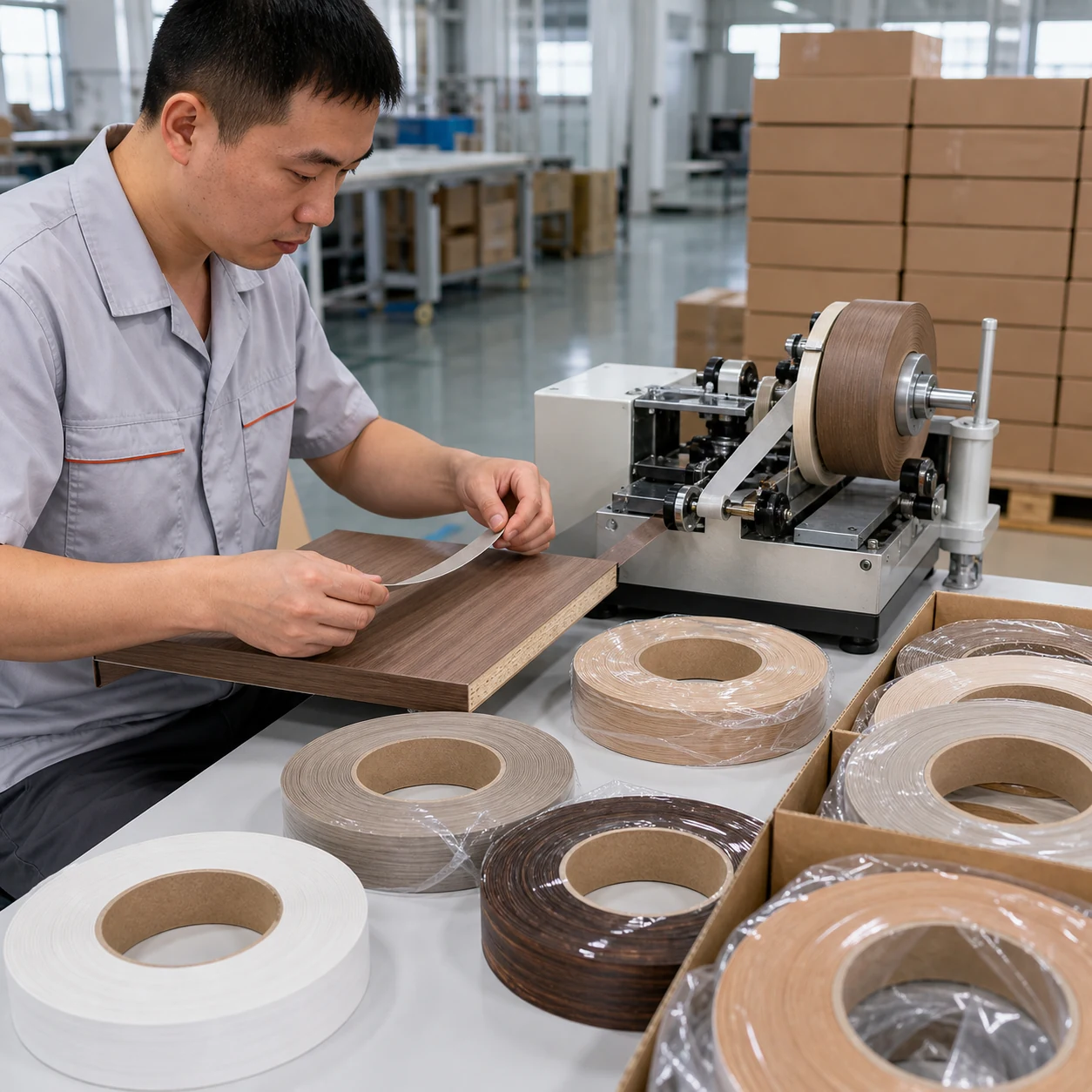 AI-generated worker comparing melamine paper edge banding to a woodgrain panel and checking slit edges