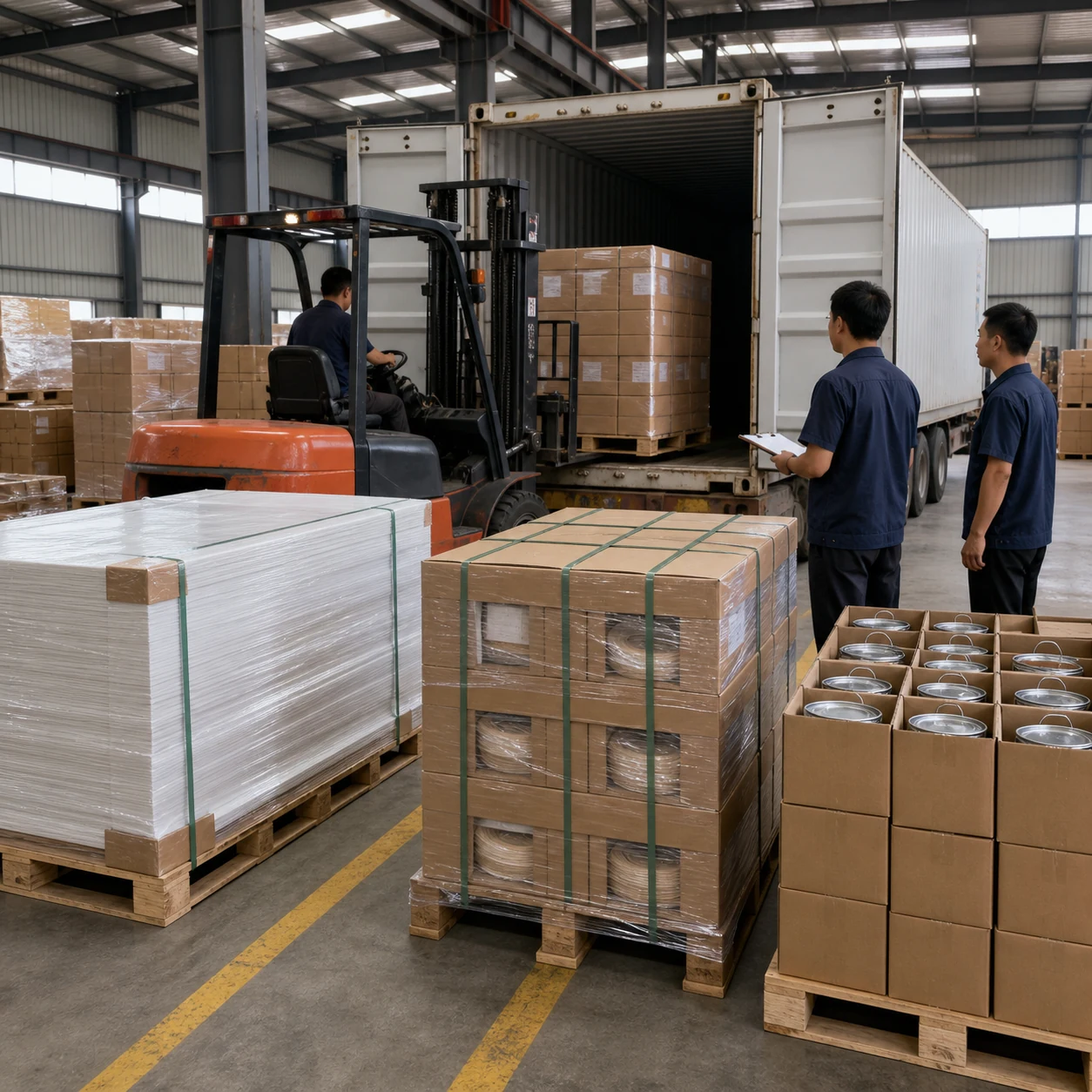 AI-generated warehouse with separate lanes for PVC foam board pallets, paper edge-banding cartons and small PUR pails during container loading