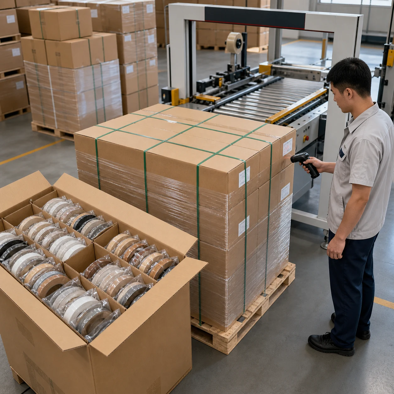 AI-generated export packing scene with bagged melamine paper edge-banding rolls in fitted cartons and a scanned wrapped pallet