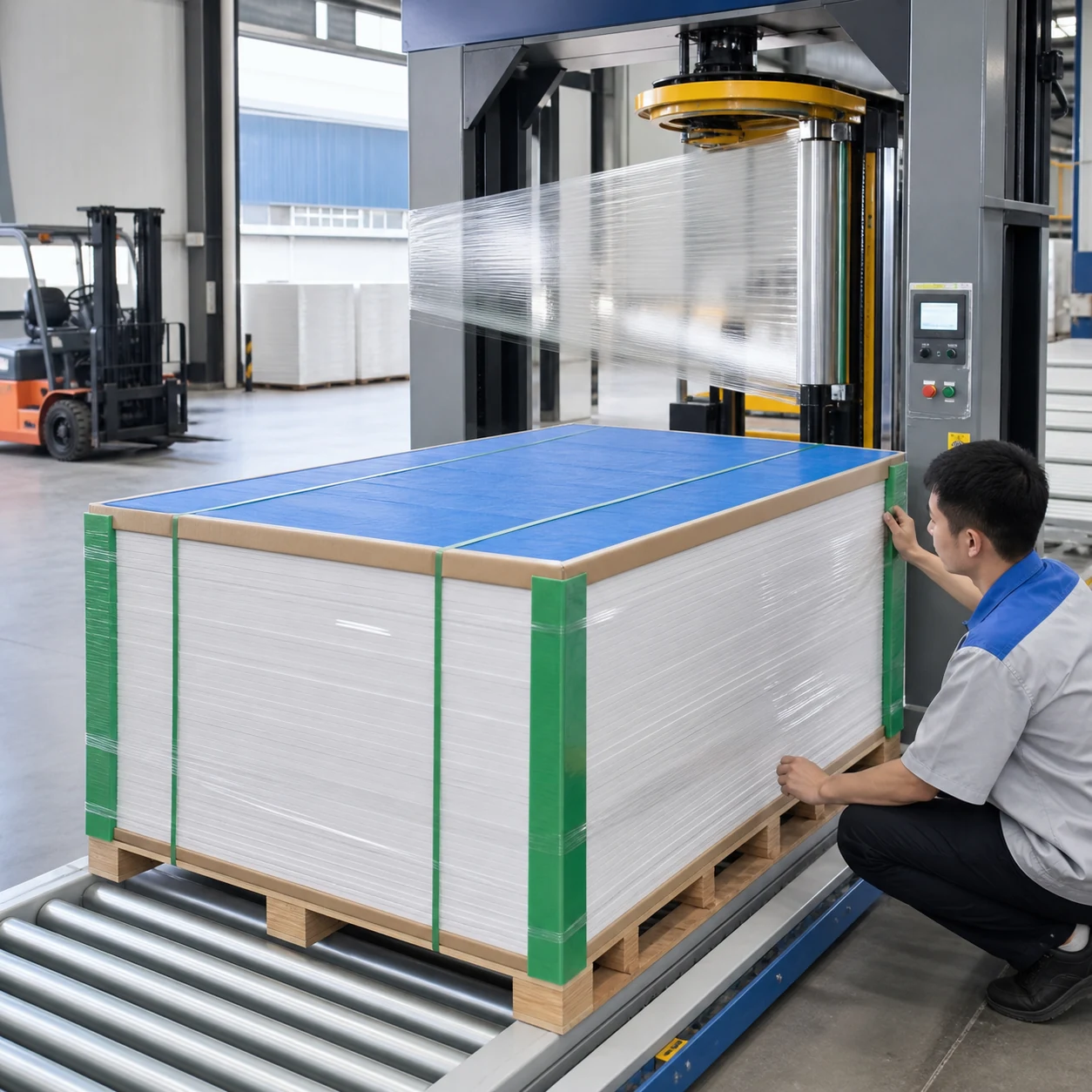 AI-generated PVC foam board pallet with protective film, top cover, corner guards, straps and automatic stretch wrapping
