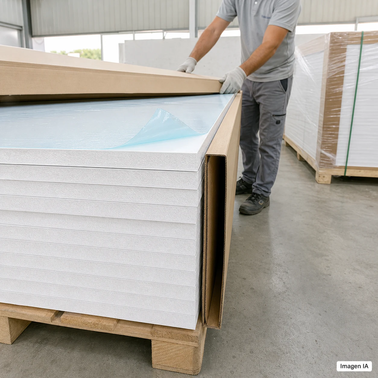 AI illustration: PVC foam-board stack with visible sheet edges, surface film and long edge protection.