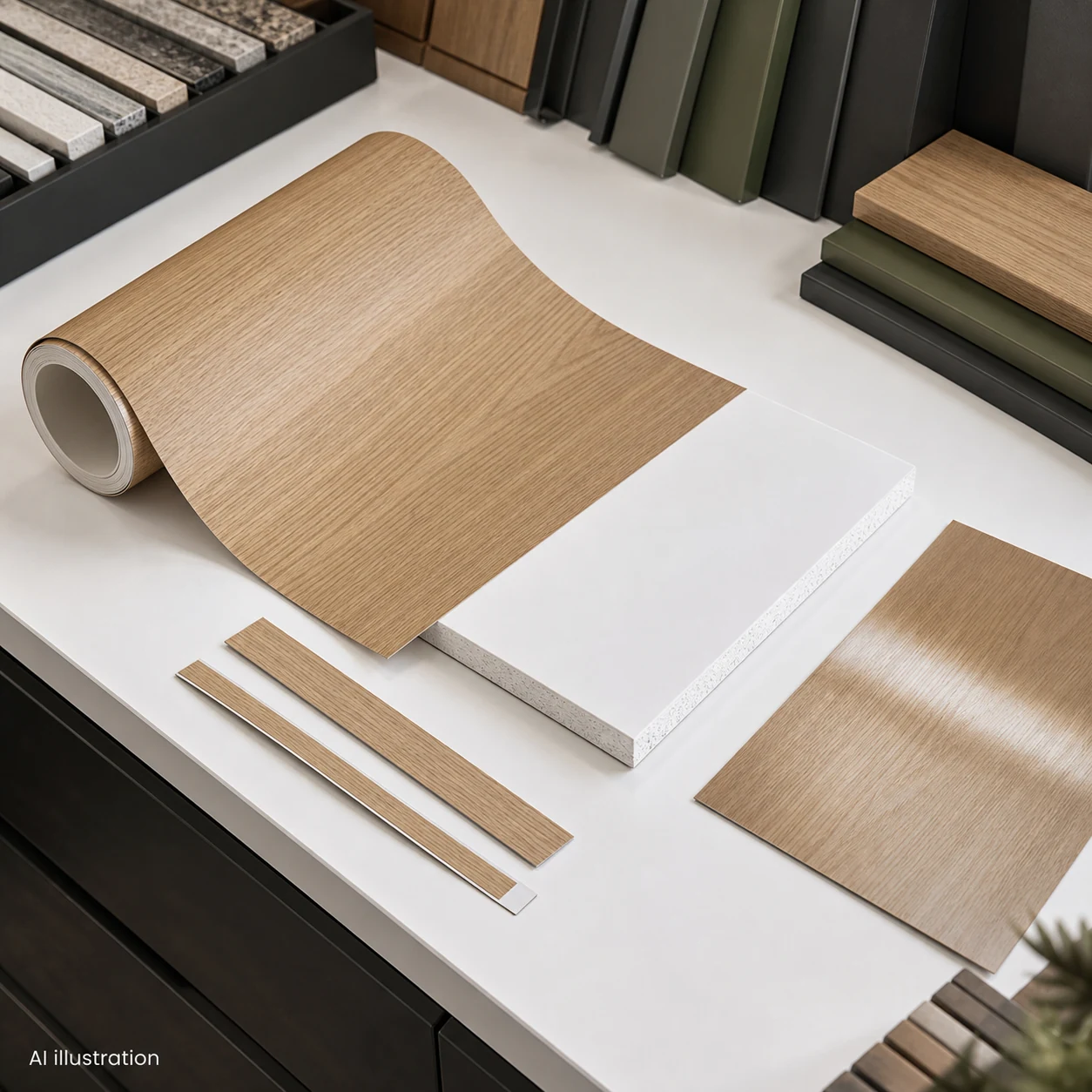 AI illustration: loose PVC film, board cross-section and edge-band samples arranged for finish comparison.