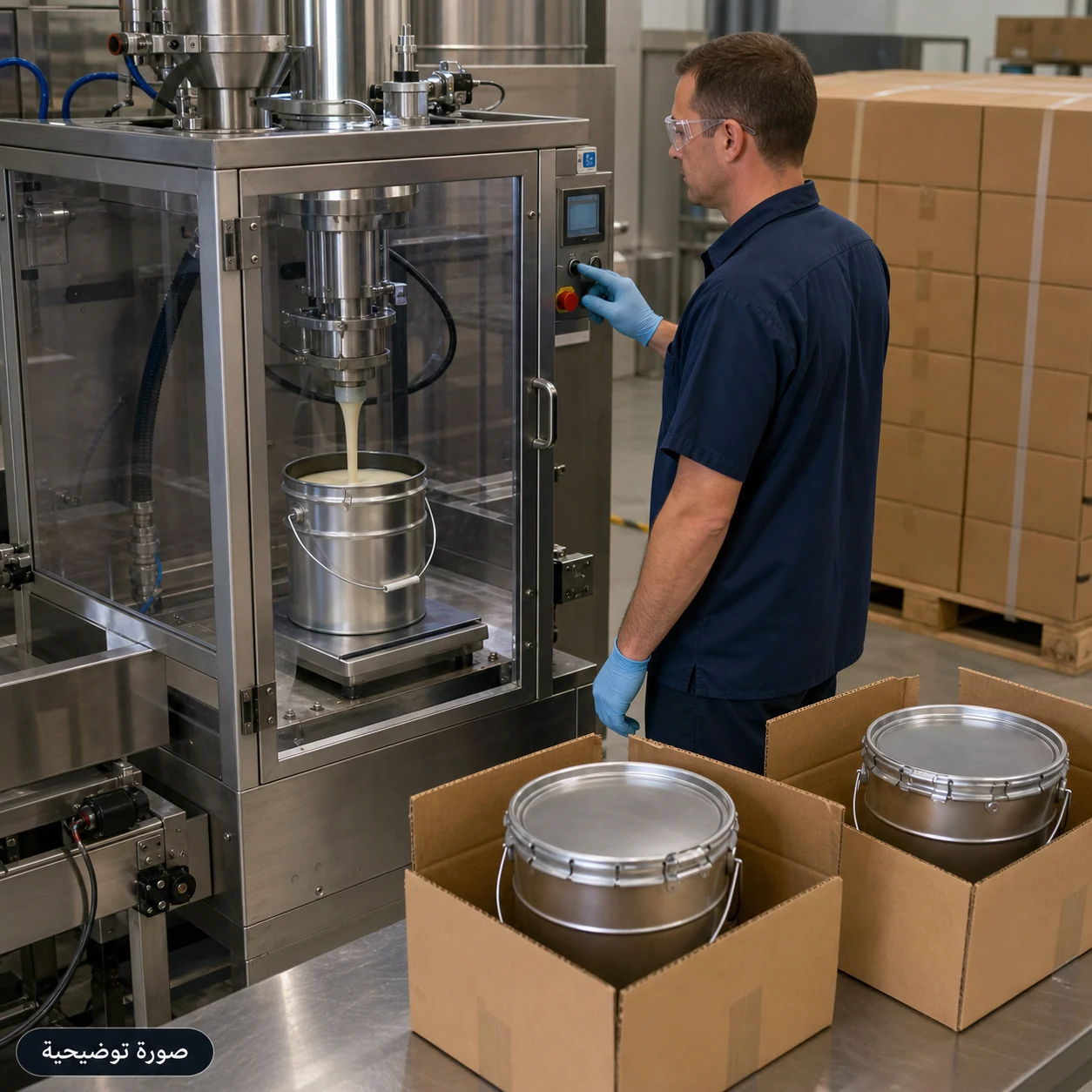 AI illustration: compact filling station and small closed PUR metal pails inside fitted cartons.