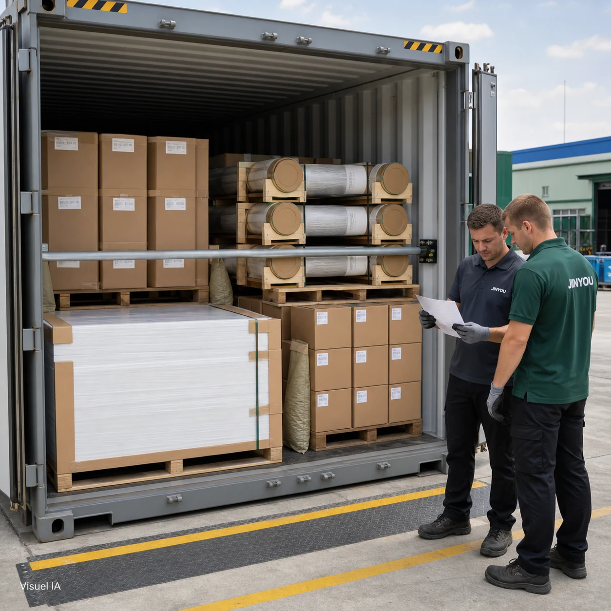 AI illustration: unlike furniture-material packs separated for a mixed-container loading discussion.