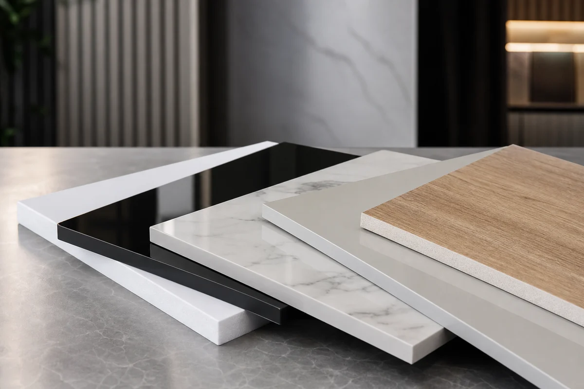 Matte PVC foam board, glossy PET laminated panels, marble-look boards, and wood-look surfaces for furniture and fixtures.