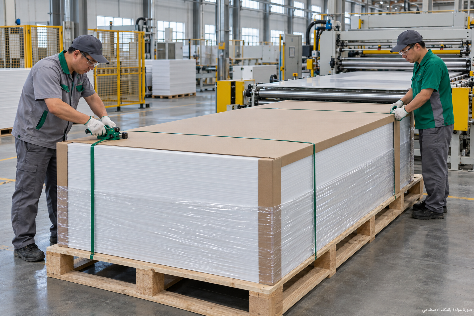 AI illustration of short-sleeved workers fitting protection and straps to a white PVC foam-board stack