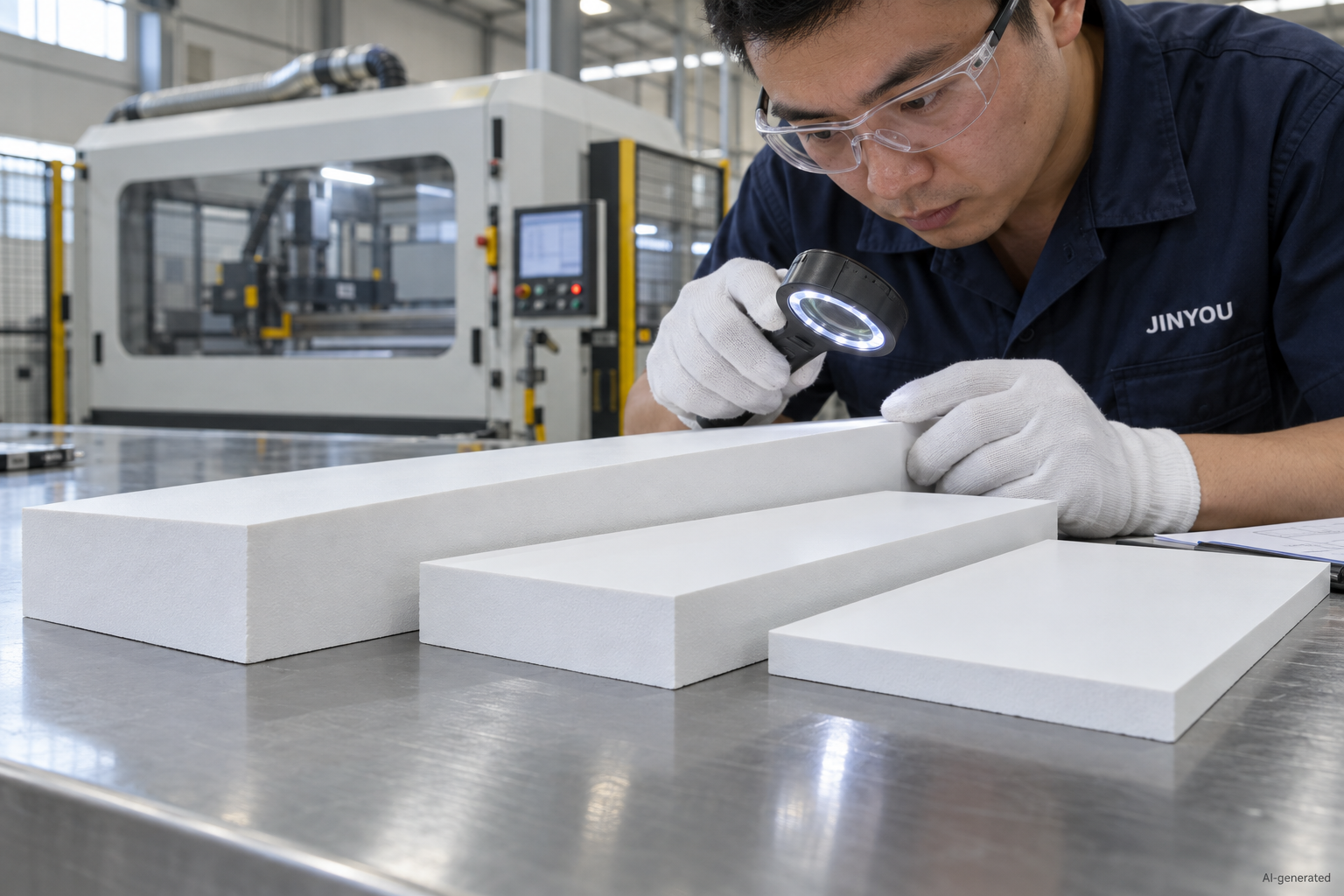 AI illustration of a technician examining clean PVC foam-board sample edges with an illuminated magnifier