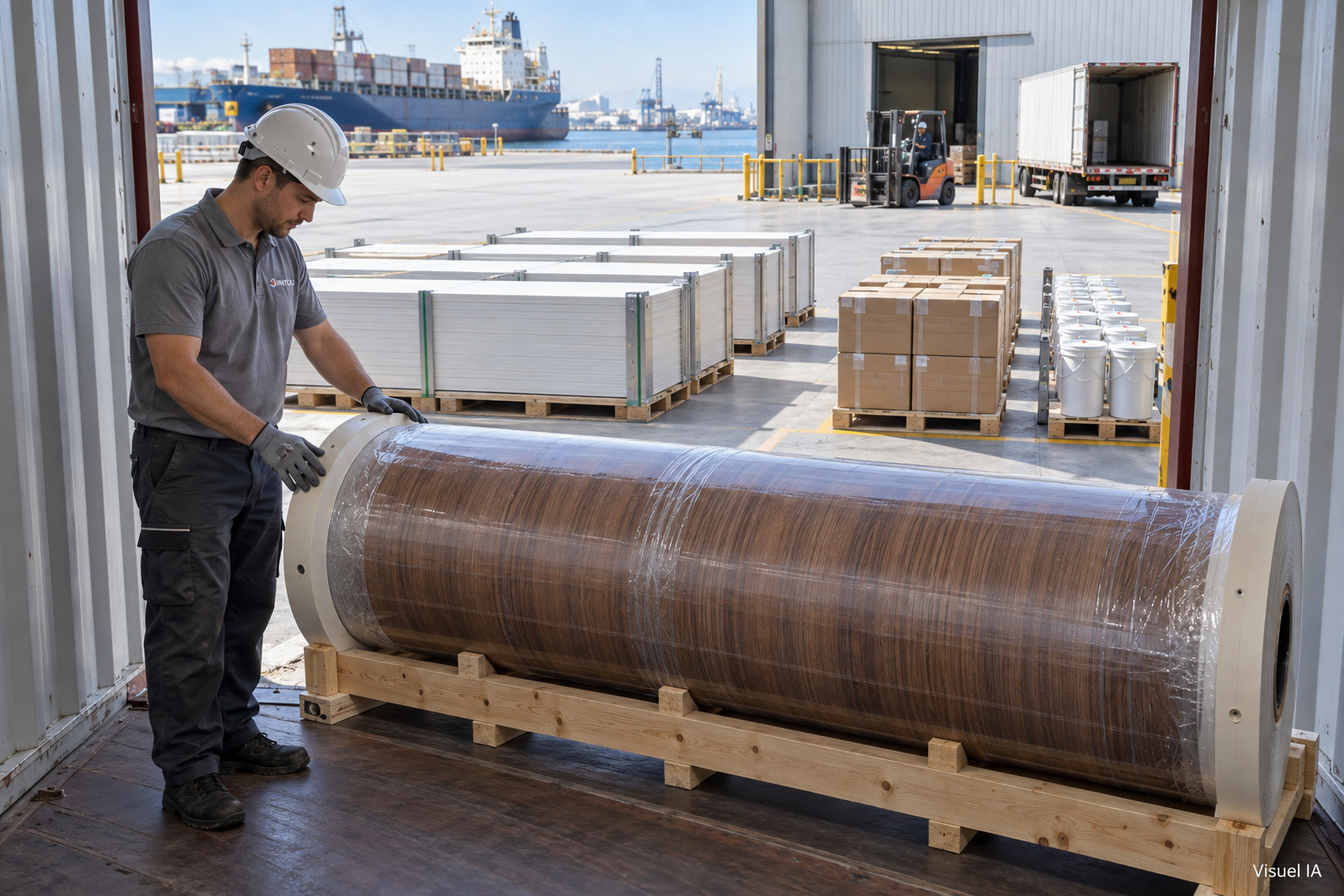AI illustration of end-capped decorative PVC film and separate board pallets and sealed cartons at a container-loading area