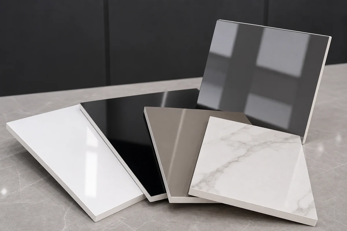 High gloss PET laminated PVC foam board panels in white, black, gray, and marble finishes