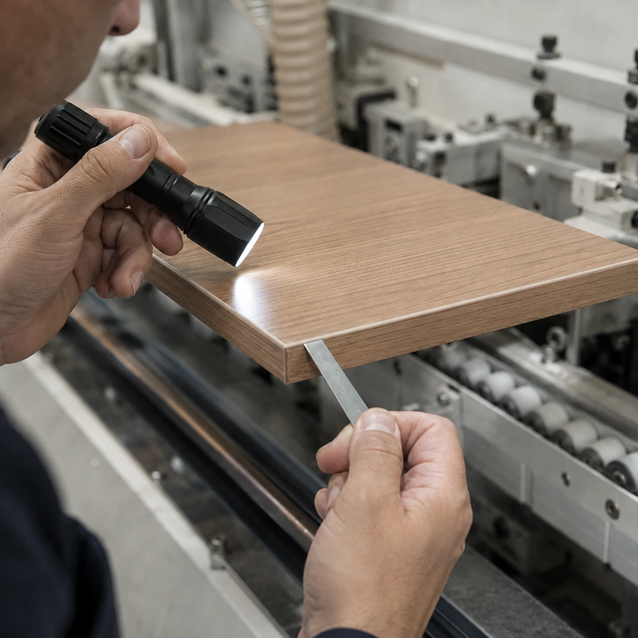 AI-generated close inspection of a PVC edge banding glue joint on a finished woodgrain furniture panel