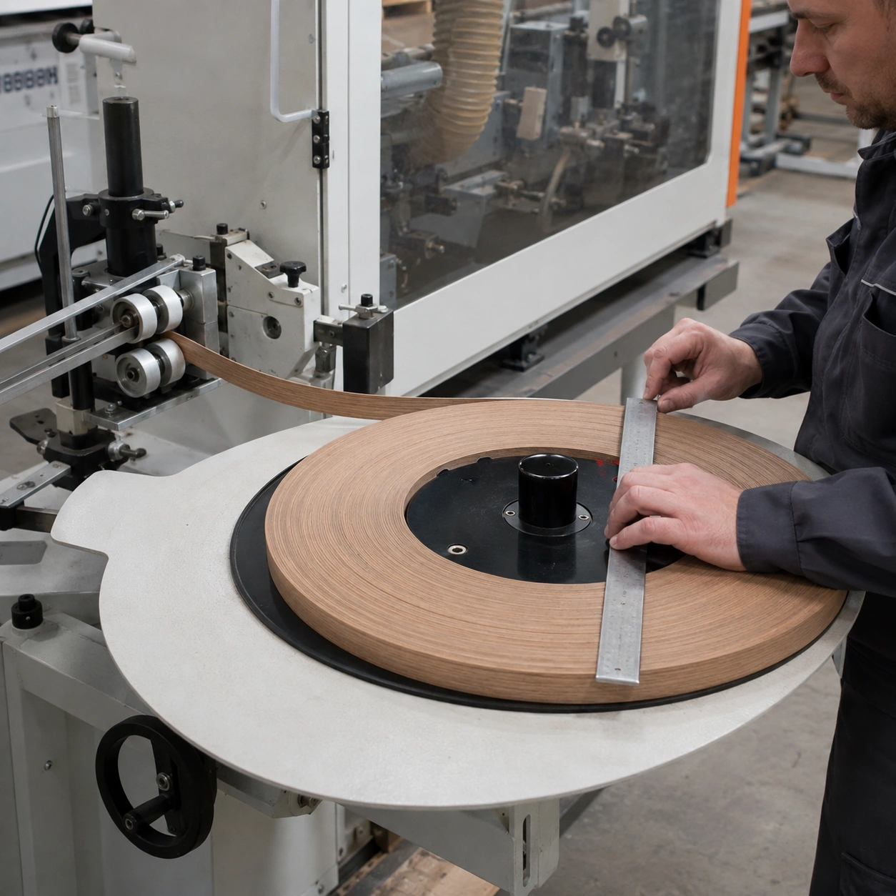 AI-generated PVC edge banding coil feeding through guide rollers with alignment inspection