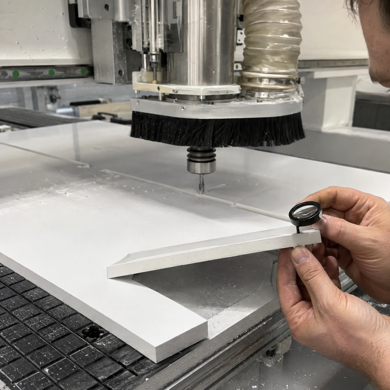 AI-generated CNC router cutting a rigid white PVC foam board with cut-edge inspection