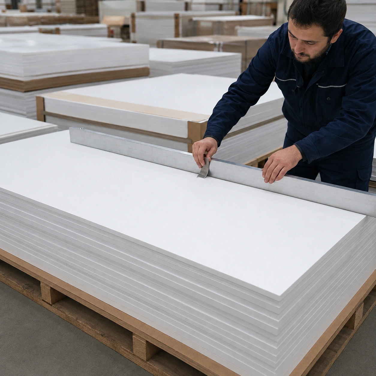AI-generated warehouse flatness inspection of horizontally supported white PVC foam board sheets