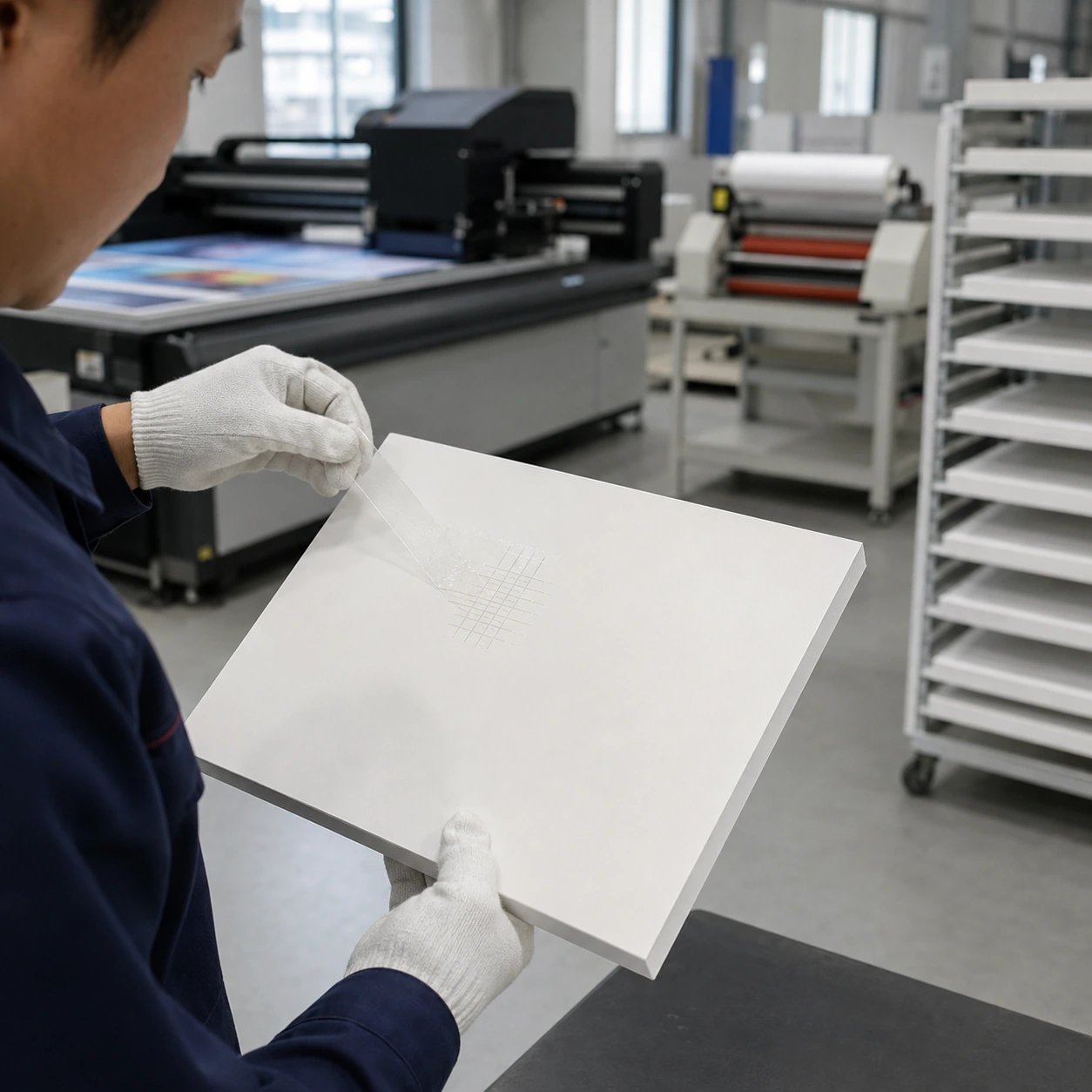 AI-generated crosshatch and tape adhesion test on a rigid white PVC foam board in a printing laboratory