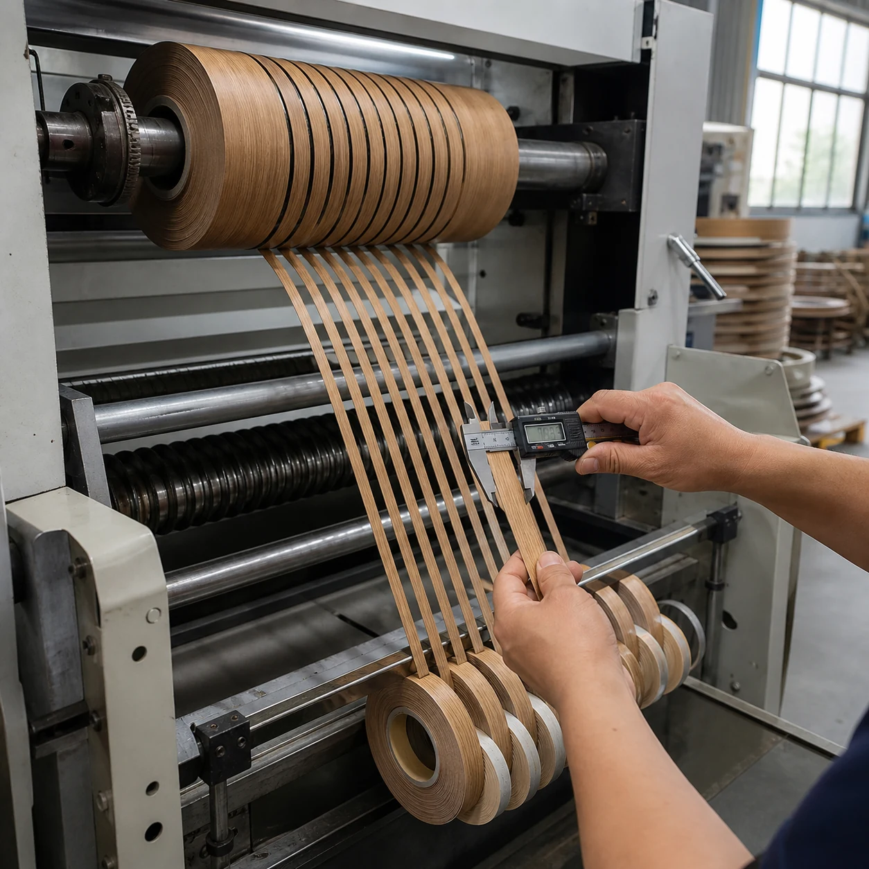 AI-generated PVC edge banding master roll being slit into narrow furniture edge strips with width inspection