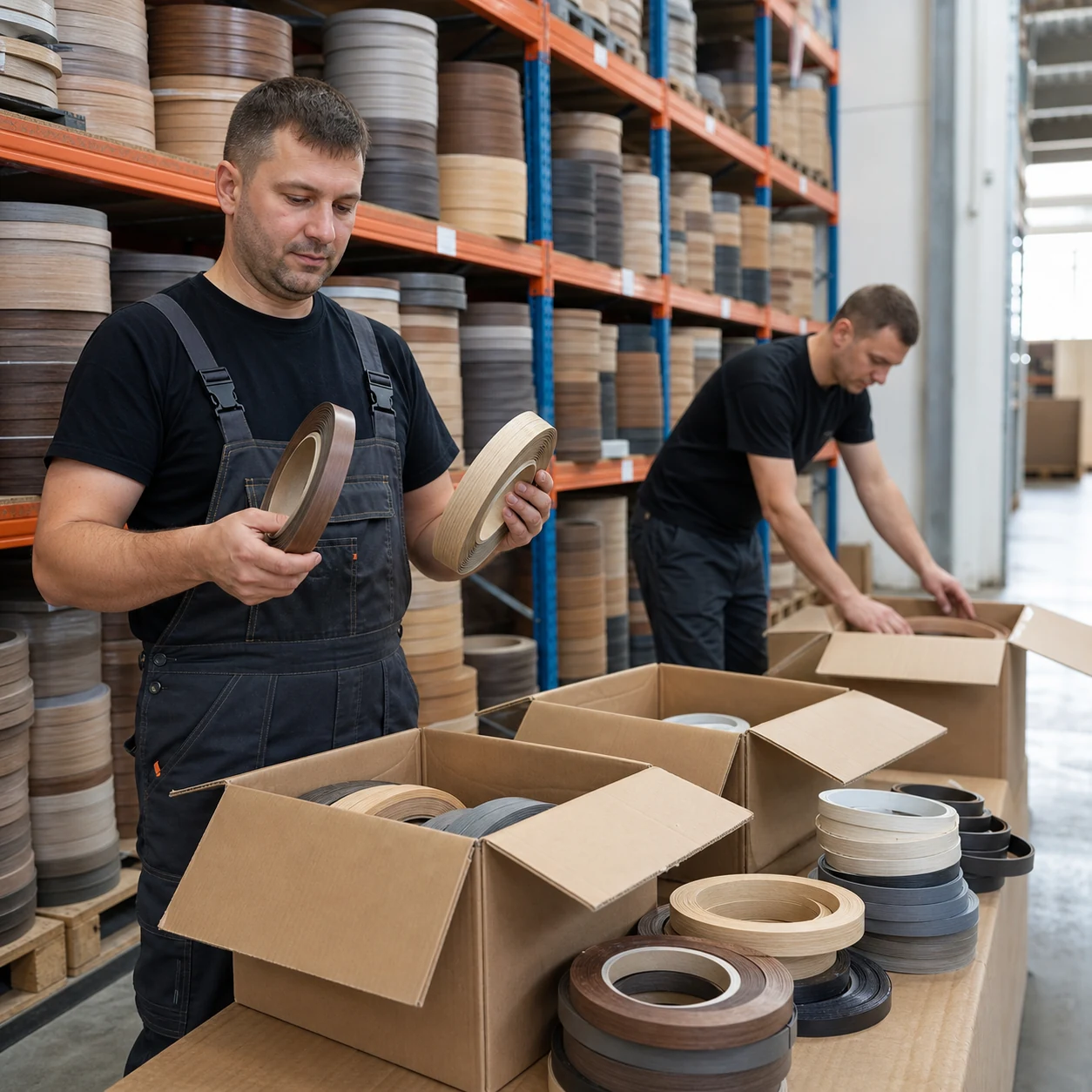 AI-generated warehouse worker selecting labeled PVC edge banding rolls from organized shelving