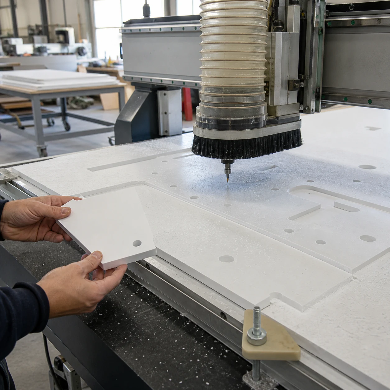 AI-generated CNC router machining a white PVC foam board with clean cut inspection