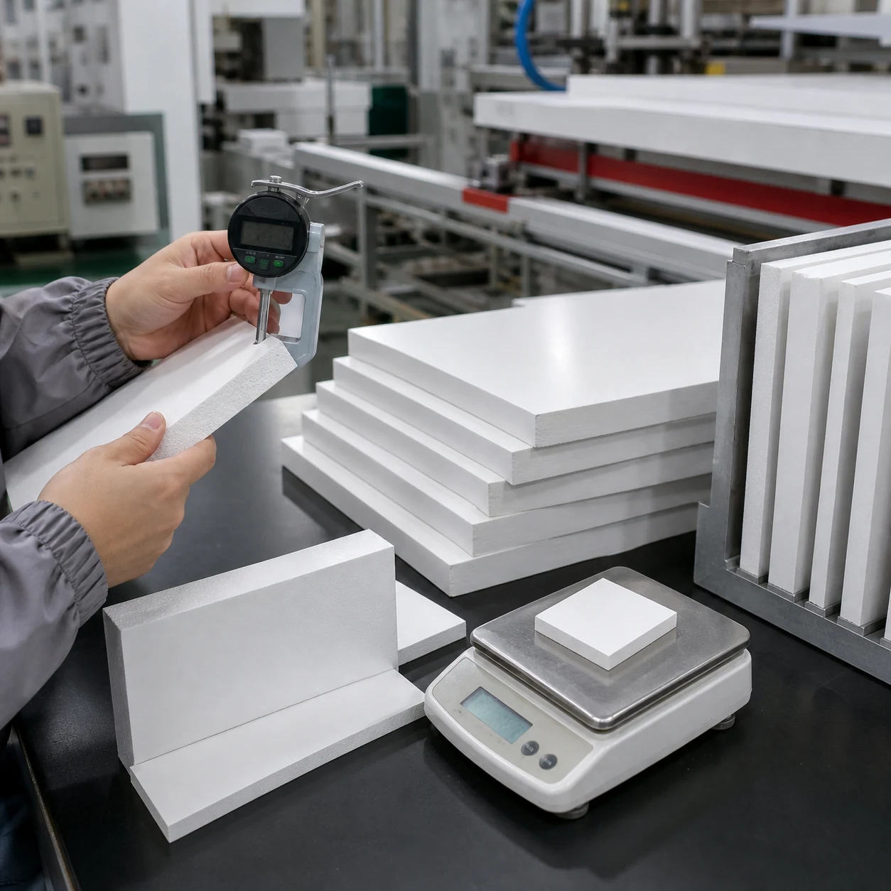 AI-generated PVC foam board quality station checking sheet thickness and weight