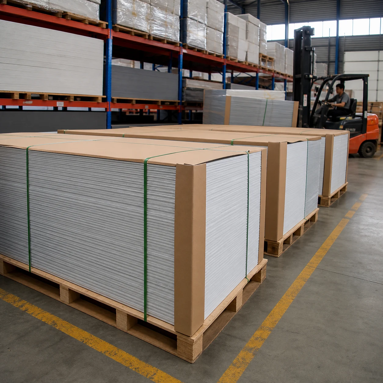 AI-generated warehouse stacks of protected PVC foam board sheets prepared for packing