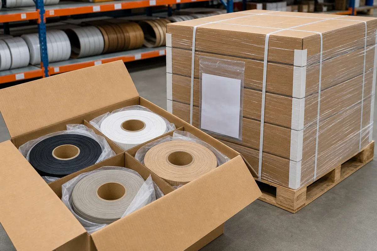 Individually protected PVC edge banding rolls packed with dividers, reinforced cartons, pallet wrap and straps.