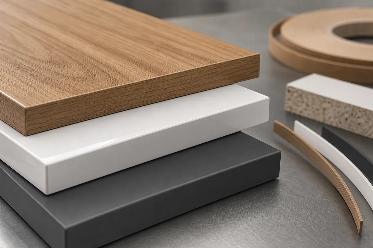 Close product view of oak, high-gloss white and graphite panels with clean, color-matched PVC edge banding.