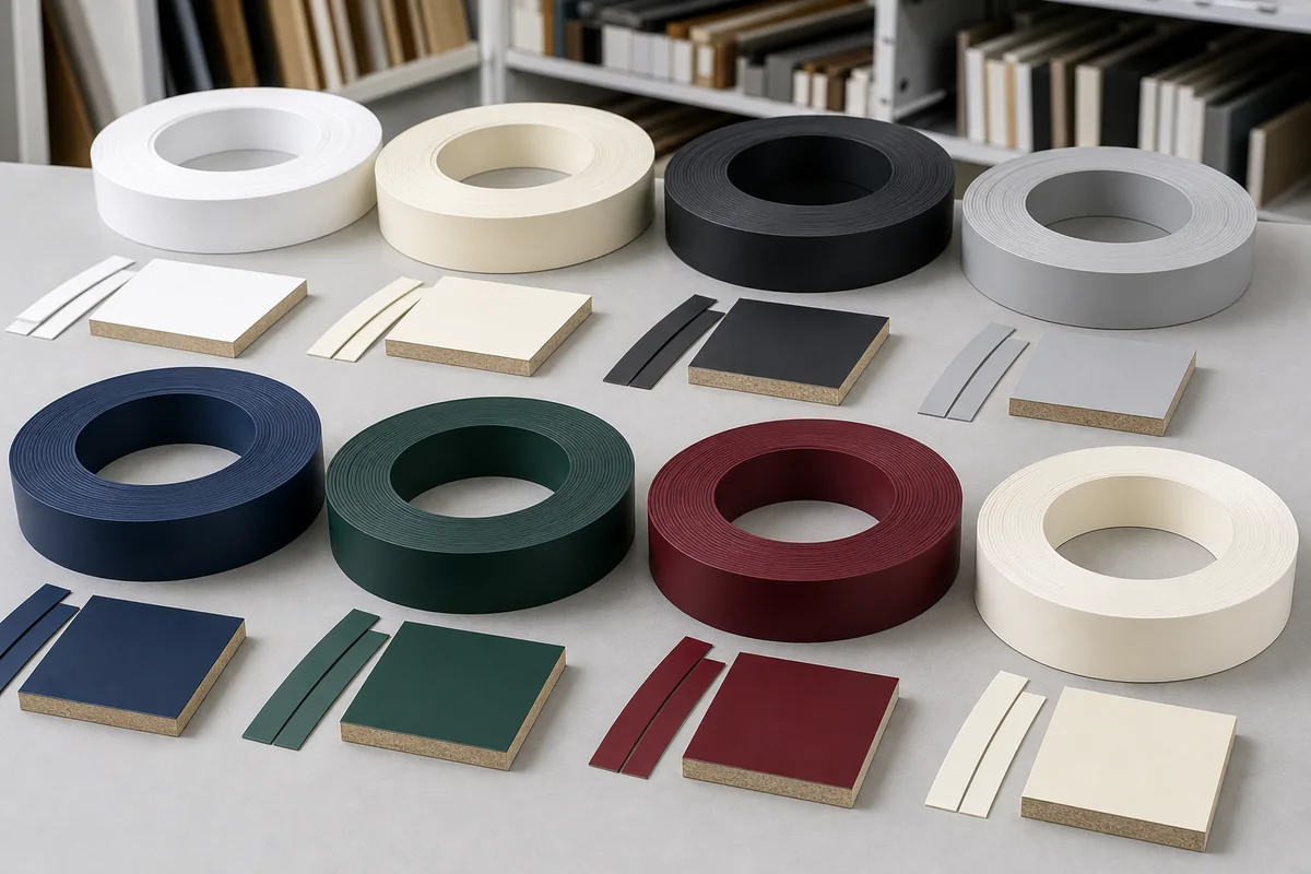 PVC edge banding rolls in matte, super-matte and gloss colors displayed beside matching furniture-board samples.