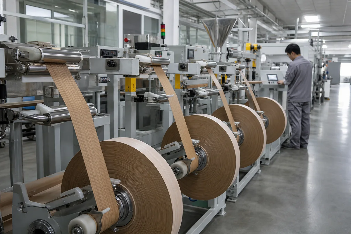 Wood-grain PVC edge banding passes through guide rollers and is wound into uniform rolls for batch production.