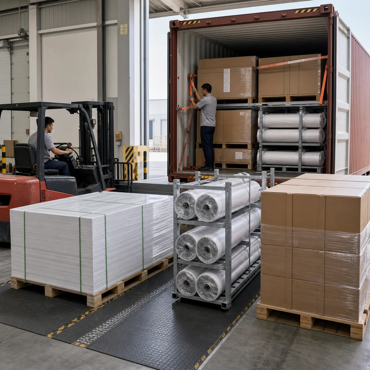 AI-generated container loading plan with foam-board pallets, edge-band cartons, protected PVC film rolls and PUR cartons