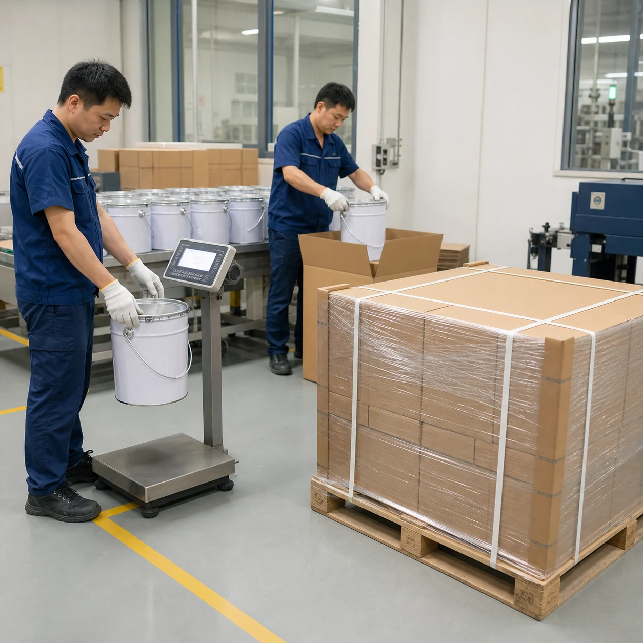 AI-generated small 20 kg PUR hot melt metal pails checked and packed in fitted cartons on a pallet