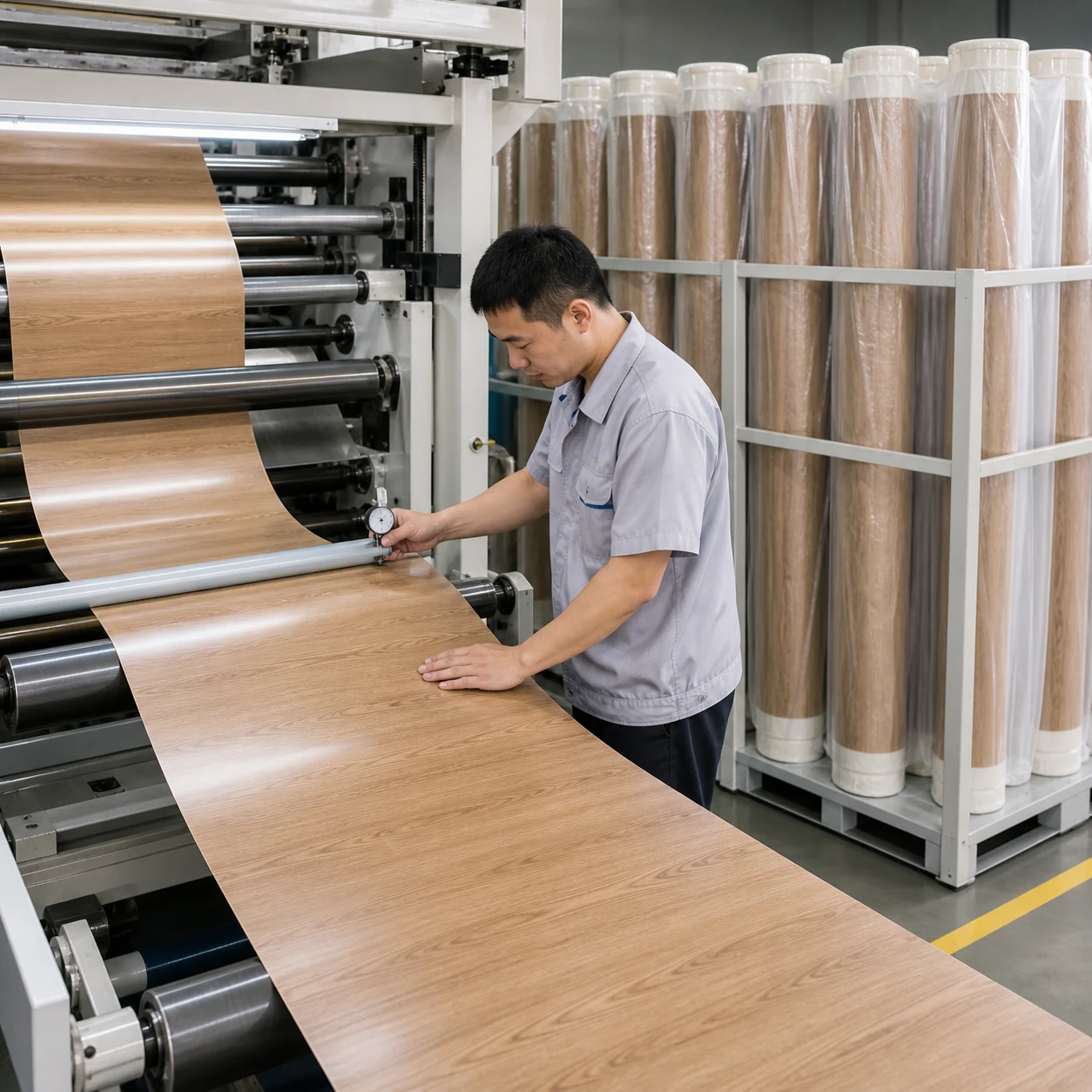 AI-generated PVC decorative film rewinding with decor, width, surface and roll-end quality checks
