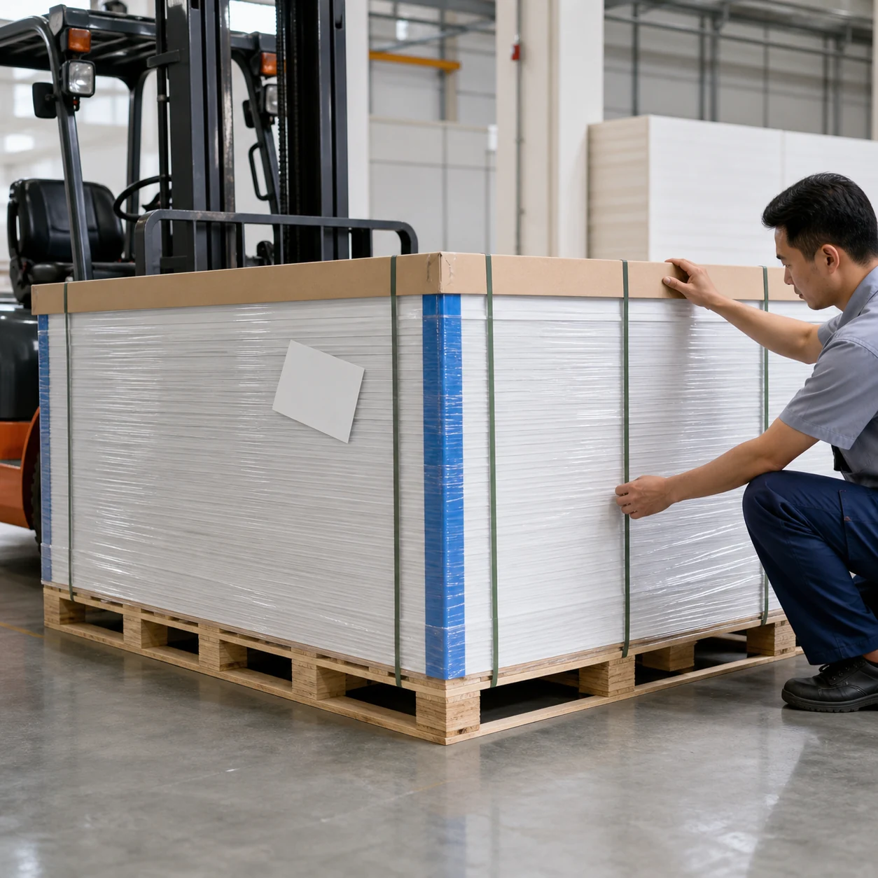 AI-generated PVC foam-board pallet with protective film, edge guards, top cap, moisture indicator and straps