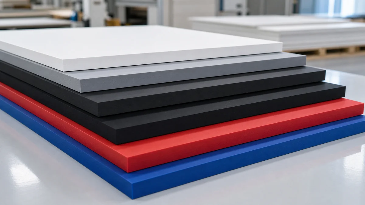 Color PVC foam board sample sheets in white, black, grey, red and blue for custom orders.