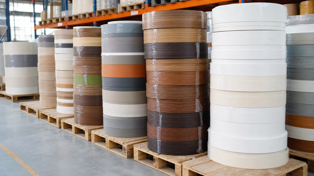 PVC edge banding rolls arranged in an export warehouse for furniture and cabinet factories.