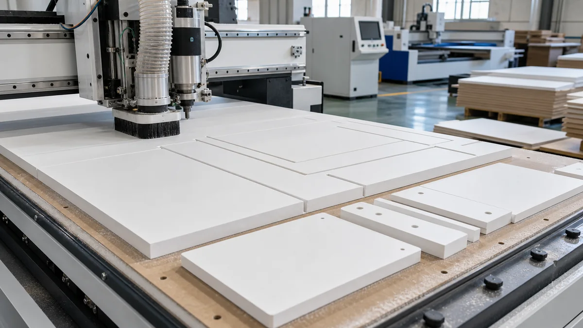 PVC foam board CNC routing workshop with clean solid sheet edges and cabinet panel parts.