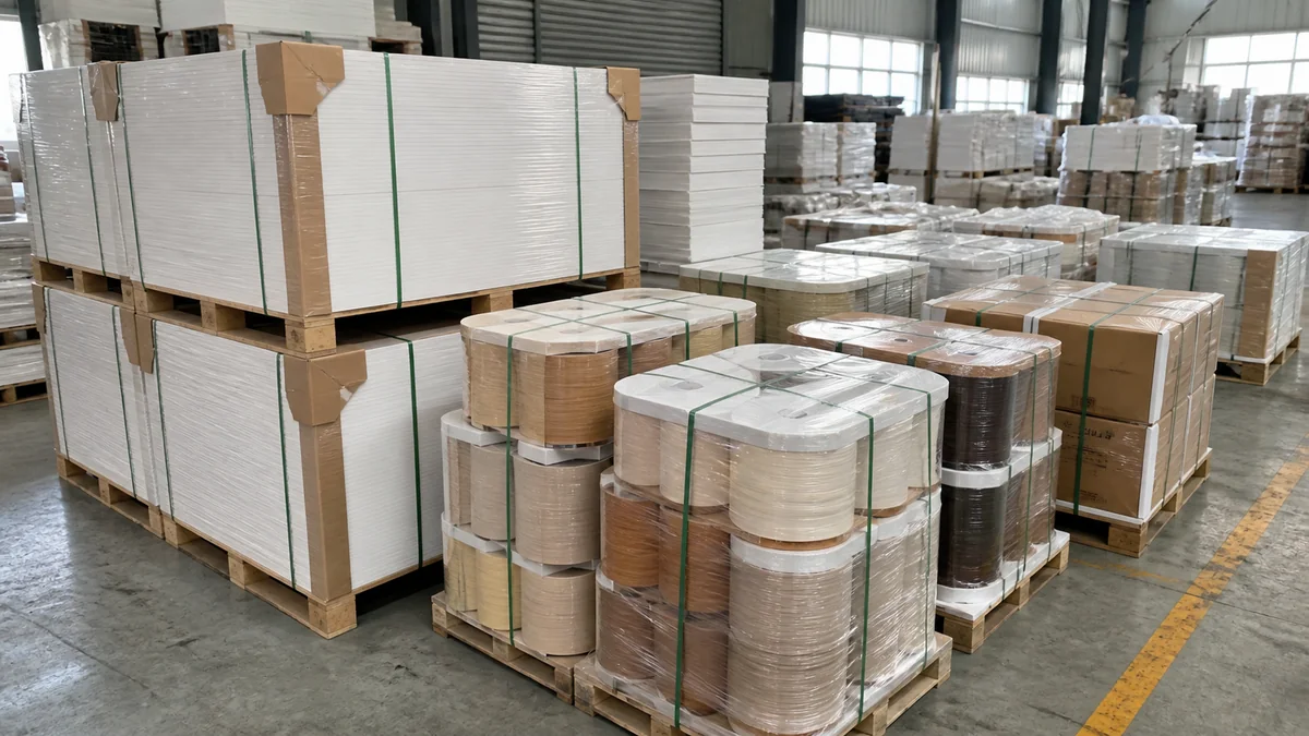 Export pallets with PVC foam board sheets and PVC edge banding cartons prepared for shipment.