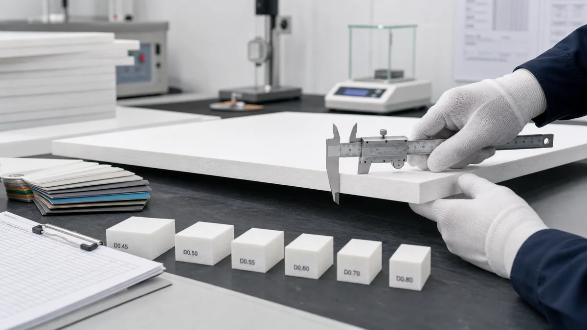 PVC foam board quality inspection with caliper measurement and density sample blocks.