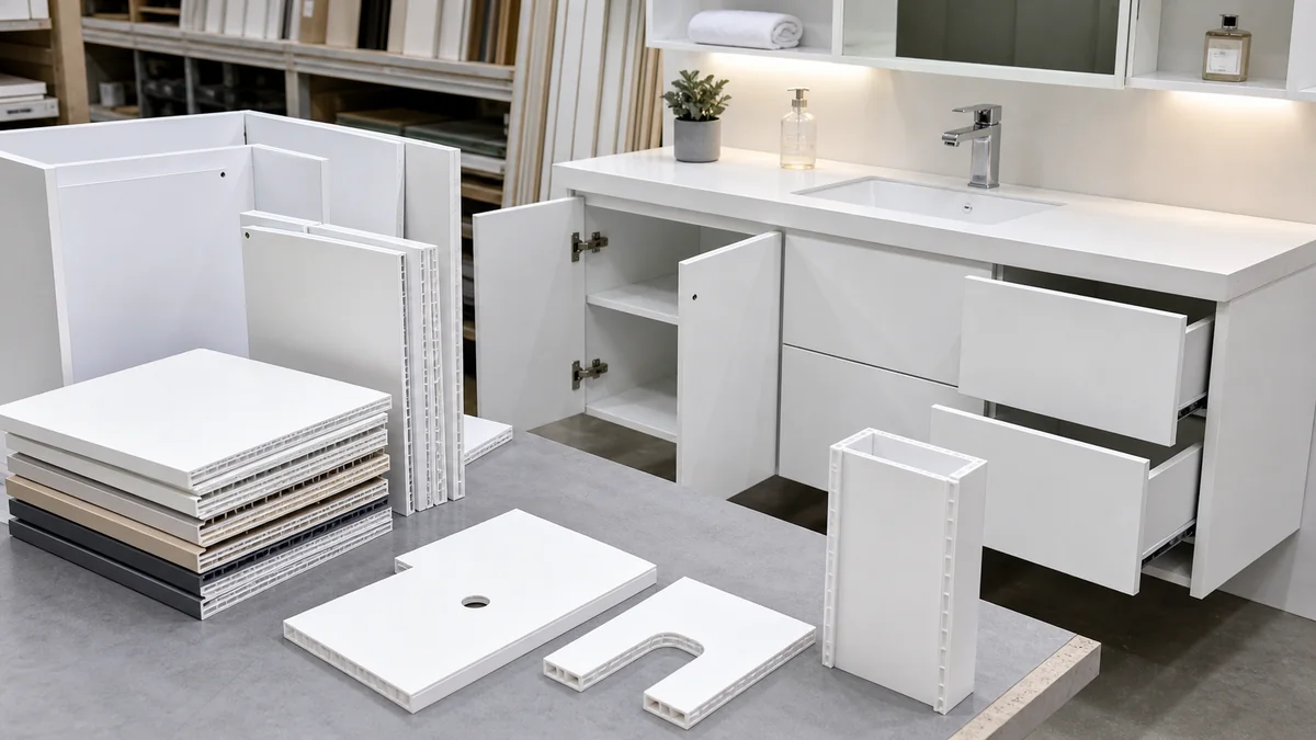 Waterproof PVC foam board cabinet components for bathroom vanity and furniture applications.